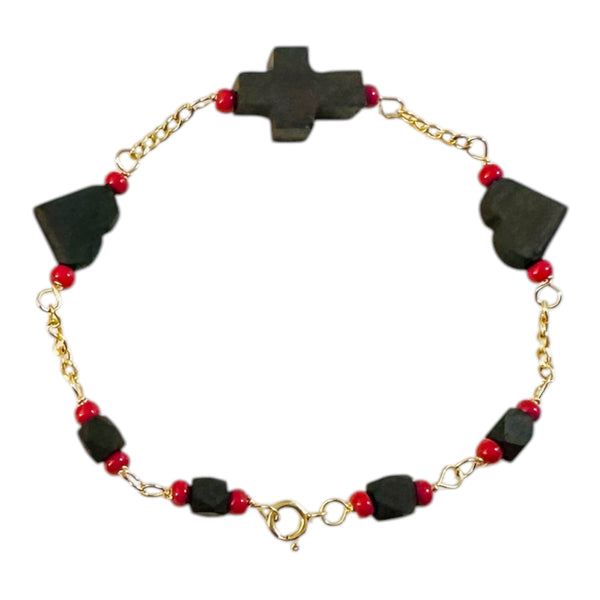 10 Karat Yellow Gold Genuine Azabache Jet Heart and Sideways Cross 7" Bracelet