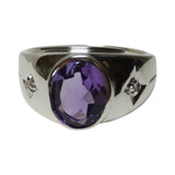 Sterling Silver Genuine Oval 10mm x 8mm Amethyst & Diamond Man's Ring