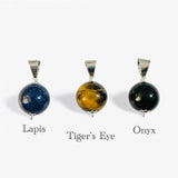 Sterling Silver Genuine 14mm Lapis, Tiger's Eye or Onyx Bead Pendant