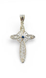 Sterling Silver Genuine Sapphire Filigree Cross Pendant with 18" Cable Link Chain