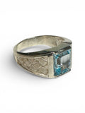 Vintage NOS 1970's Sterling Silver Genuine 10 x 8mm Emerald-cut Sky Blue Topaz Basketweave Design Man's Ring
