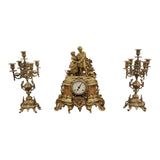 Vintage Ornate Gilt Brass and Marble Mantel Clock with 2 Candelabras Rococo Style Garniture Set