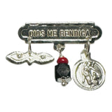 Sterling Silver DIOS ME BENDIGA Baby Pin with Genuine 4mm Azabache, Saint Lucy Eyes and 8mm Guardian Angel Medal