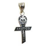 Sterling Silver Antiqued Finish Mi Bautizo Spanish Baptism Cross Pendant