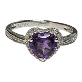 Sterling Silver Genuine Heart Amethyst and Diamond Ring