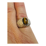 Vintage NOS 1970's Sterling Silver Genuine 10 x 8mm Oval Cabochon Tiger's Eye Beaded Man's Ring