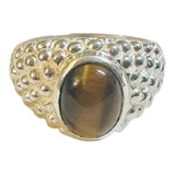 Vintage NOS 1970's Sterling Silver Genuine 10 x 8mm Oval Cabochon Tiger's Eye Beaded Man's Ring