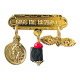 14 Karat Yellow Gold-plated Sterling Silver Genuine 4mm Azabache Jet, Guardian Angel Medal and Saint Lucy Eyes "Dios Me Bendiga" Baby Brooch