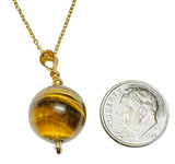 14 Karat Yellow Gold Filled Genuine 14mm Tiger's Eye Bead with CZ Accent Pendant on 18" Sterling Silver Gold-plated Cable Link Chain