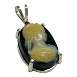 Vintage Sterling Silver Genuine Black Onyx and Shell Cameo Pendant with Genuine Ruby