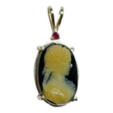 Vintage Sterling Silver Genuine Black Onyx and Shell Cameo Pendant with Genuine Ruby