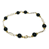 14 Karat Yellow Gold Filled Genuine 6mm Black Onyx Beads 7.5" Filigree Plaque Bracelet