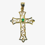 14 Karat Yellow Gold Filigree Cross Pendant with Genuine Emerald