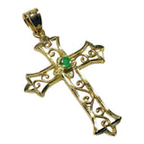 14 Karat Yellow Gold Filigree Cross Pendant with Genuine Emerald