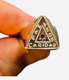 Sterling Silver Paz, Amor, Caridad (Peace, Love, Charity) Freemason Triangle Ring with Genuine Ruby
