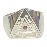 Sterling Silver Paz, Amor, Caridad (Peace, Love, Charity) Freemason Triangle Ring with Genuine Ruby