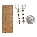 14 Karat Yellow Gold Filled Genuine 3.5mm Azabache Jet Dangle Lever Back Earrings with Cross
