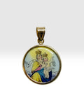 10 Karat Yellow Gold Our Lady of Mount Carmel and Sacred Heart of Jesus Painted Porcelain Scapular Medal