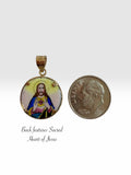 10 Karat Yellow Gold Our Lady of Mount Carmel and Sacred Heart of Jesus Painted Porcelain Scapular Medal