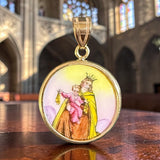 10 Karat Yellow Gold Our Lady of Mount Carmel and Sacred Heart of Jesus Painted Porcelain Scapular Medal