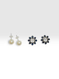 Sterling Silver Created Blue and Black Sapphire Earring Jacket with Genuine 8mm Freshwater Pearl Stud Earrings