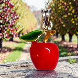 Vintage NOS 1970's Sterling Silver Hand-enameled Apple Pendant Charm