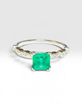 Vintage NOS 1990's Sterling Silver 6mm Square Created Emerald and Genuine Diamond Ladies Solitaire Ring