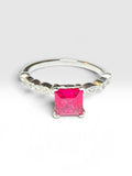 Vintage NOS 1990's Sterling Silver 6mm Square Created Ruby and Genuine Diamond Ladies Solitaire Ring