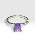 Vintage NOS 1990's Sterling Silver 6mm Square Genuine Amethyst and Diamond Ladies Solitaire Ring