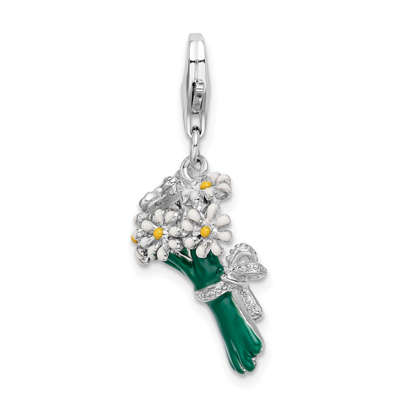 925 Sterling Silver Enameled Bouquet of Daisies with Lobster Clasp Charm