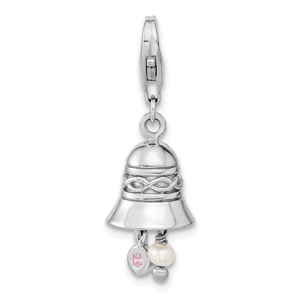Sterling Silver Amore La Vita Rhodium-pl CZ FWC Pearl Wedding Bell Charm