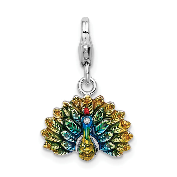 Goldia Sterling Silver Enamel Peacock W/Lobster Claw Clasp Charm