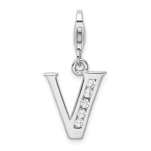 Sterling Silver CZ Letter V W/Lobster Claw Clasp Clasp Charm Charms