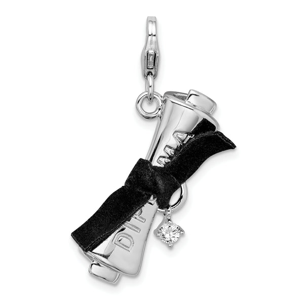 Sterling Silver 3-D CZ Ribboned Diploma with Lobster Clasp Charm