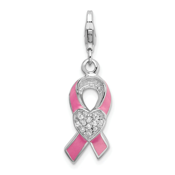 Goldia Sterling Silver Enameled with Synthetic Cz Awareness Ribbon & Heart Charm