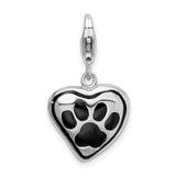 925 Sterling Silver Polished And Enameled Heart With Dog Paw Print Charm