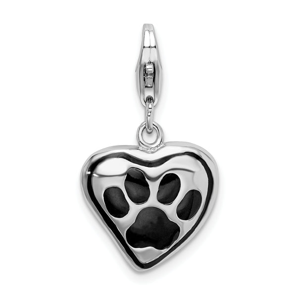 925 Sterling Silver Polished And Enameled Heart With Dog Paw Print Charm