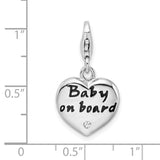 Sterling Silver Polished Enameled CZ Baby On Board Heart Charm