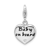 Sterling Silver Polished Enameled CZ Baby On Board Heart Charm