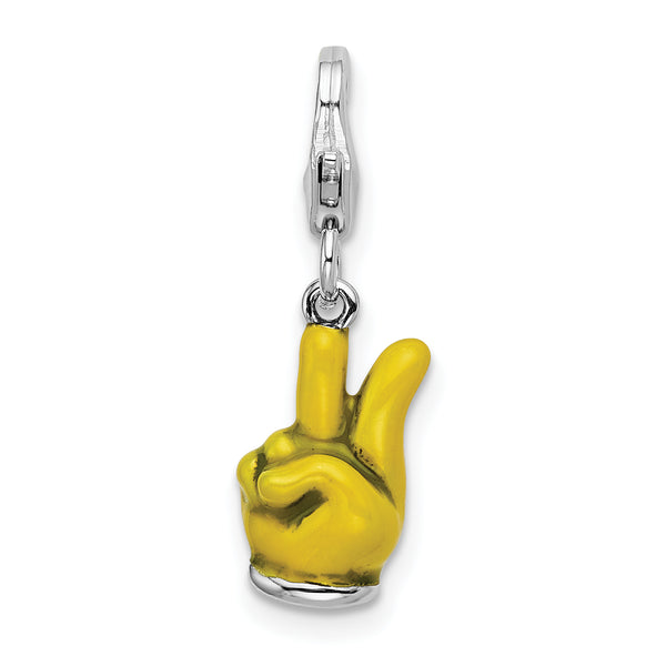 SS RH Yellow Enameled Hand Peace Sign with Lobster Clasp Charm