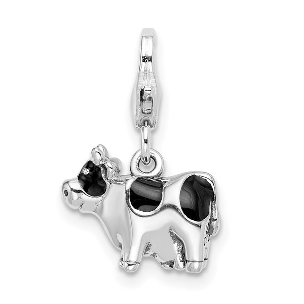 Sterling Silver RH Enameled Cow with Lobster Clasp Charm