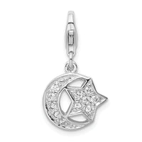 Sterling Silver RH Polished w/CZ Moon and Star Lobster Clasp Charm