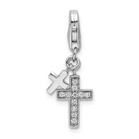 925 Sterling Silver Polished with CZ Two Cross Lobster Clasp Charm