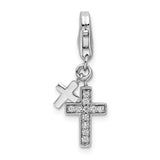 925 Sterling Silver Polished with CZ Two Cross Lobster Clasp Charm