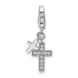 925 Sterling Silver Polished with CZ Two Cross Lobster Clasp Charm