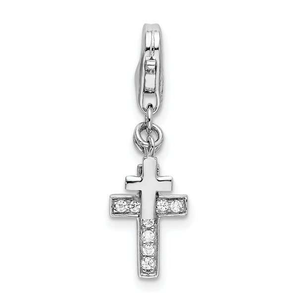 925 Sterling Silver Polished with CZ Two Cross Lobster Clasp Charm