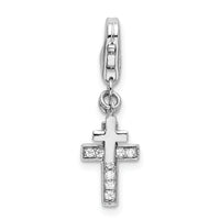 925 Sterling Silver Polished with CZ Two Cross Lobster Clasp Charm