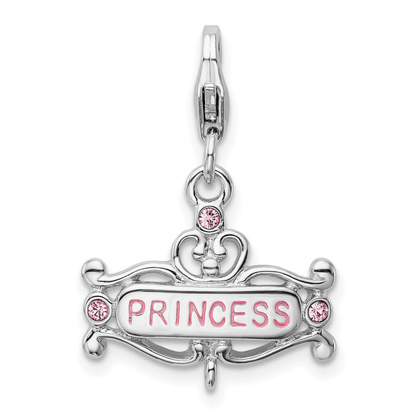 Sterling Silver RH Polished Pink CZ Princess with Lobster Clasp Charm