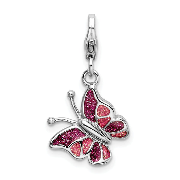 SS RH Pink & White Enameled Butterfly with Lobster Clasp Charm