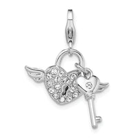 Amore La Vita Sterling Silver Rhodium-plated Polished Reversible Pink Enameled Winged Heart and Key with Crystal From Swarovski Charm with Fancy Lobster Clasp QCC1183